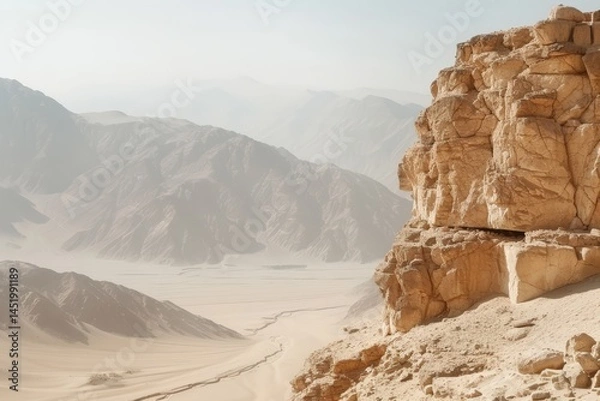 Fototapeta Desert landscape with rocky cliffs and distant mountains.