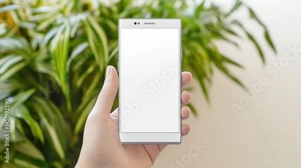Fototapeta A person holding a blank smartphone in front of lush green plants indoors