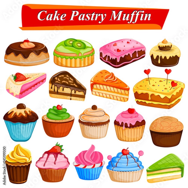 Fototapeta Set of yummy assorted Cakes and Pastry Food dessert