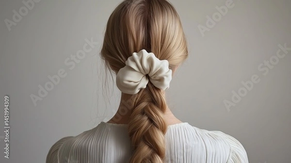 Fototapeta Photo of a blonde woman with a long braid. She has a hair scrunchie made from white cotton fabric around the back of her head. The material has a smooth texture with no wrinkles