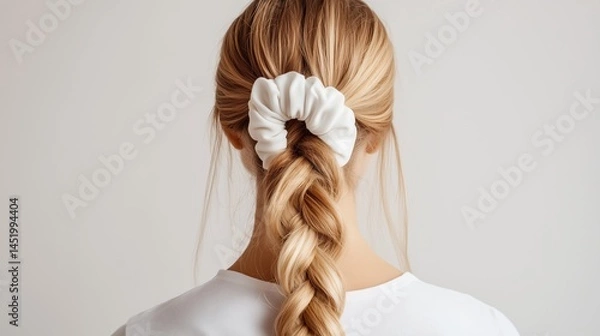 Fototapeta Photo of a blonde woman with a long braid. She has a hair scrunchie made from white cotton fabric around the back of her head. The material has a smooth texture with no wrinkles