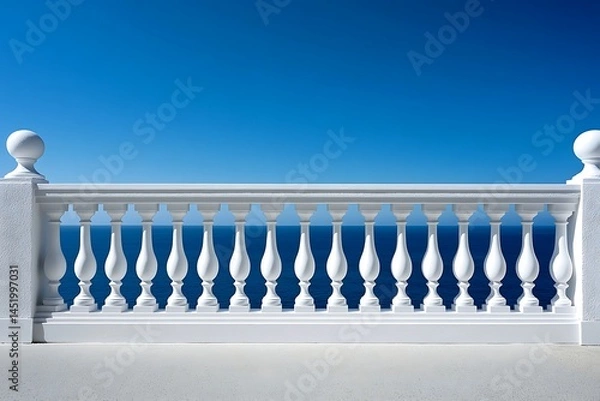 Fototapeta White balustrade overlooks the deep blue sea under a clear sky from a high place