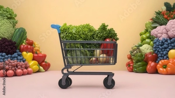 Fototapeta Fresh produce displayed around a shopping cart in a vibrant market setting