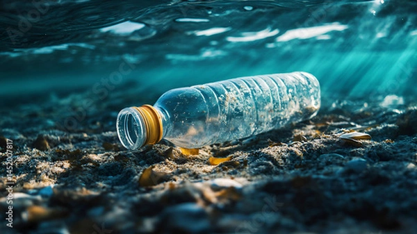 Fototapeta A plastic bottle lying on the sand under the river