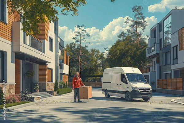 Fototapeta A man in a red jacket is standing next to a white van