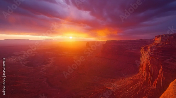 Fototapeta A sunset over a desert landscape with a mountain in the background