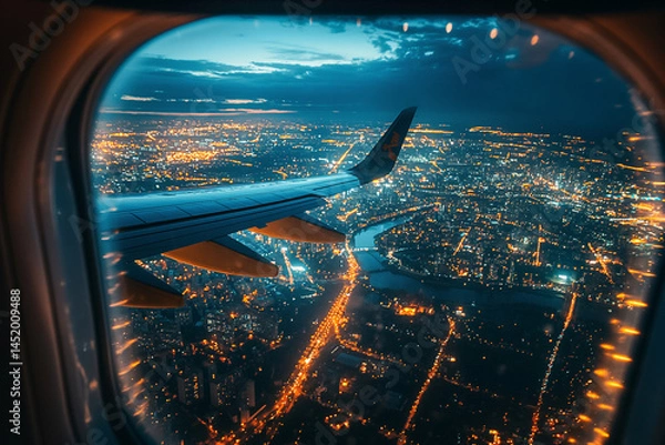 Fototapeta A view of a city from an airplane window at night