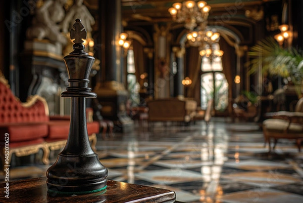 Fototapeta A black chess piece is sitting on a table in a large room