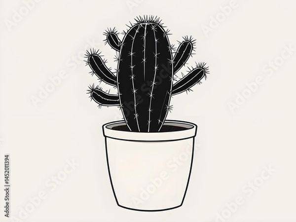 Fototapeta "Simple black cactus outline in a pot, with tiny spikes, minimalist design."

