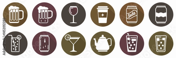 Fototapeta Vector icons of drinks in circles, including beer, wine, coffee, tea, soda, and water
