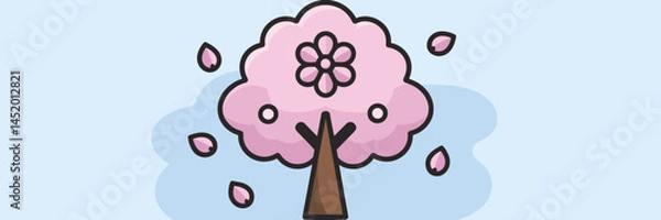 Fototapeta Vector sheet icon of a pink cherry blossom tree with petals around the tree and a light blue sky