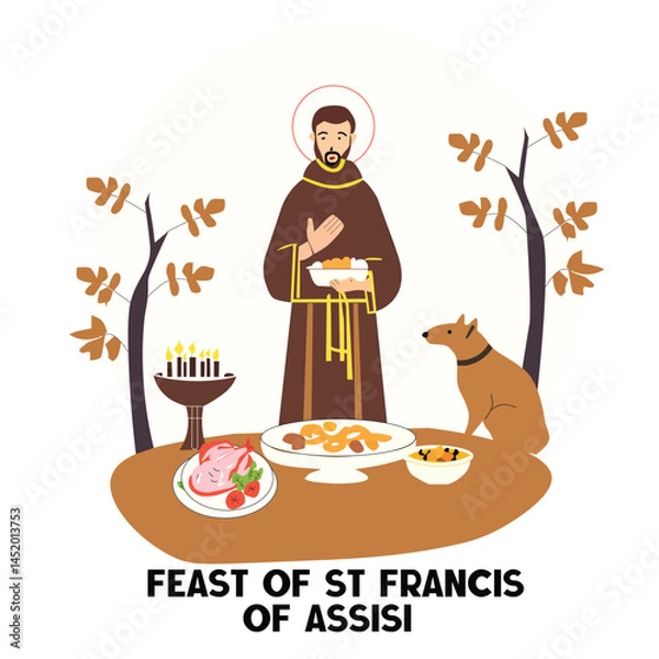 Obraz St. Francis of Assisi feast day vector with saint figure, food table, and autumn setting
