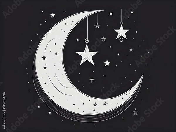 Fototapeta "Tiny crescent moon with dangling stars in minimal black line art, floating on white background."

