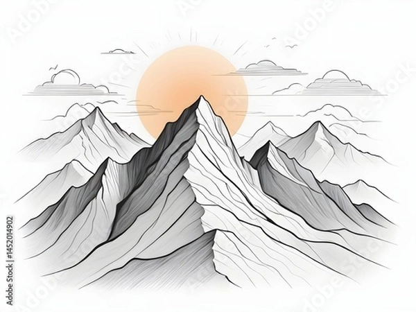 Fototapeta "Mini mountain range with rising sun, drawn in continuous black line art."


