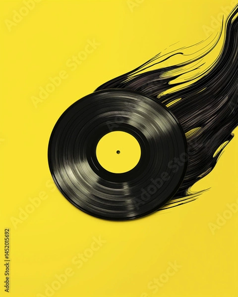 Fototapeta Floating Gray Vinyl Record with Sound Waves on Yellow Background. Contemporary Art Collage. Concept of music, nostalgia, and cultural echo. Poster for musical legacy. Generative AI