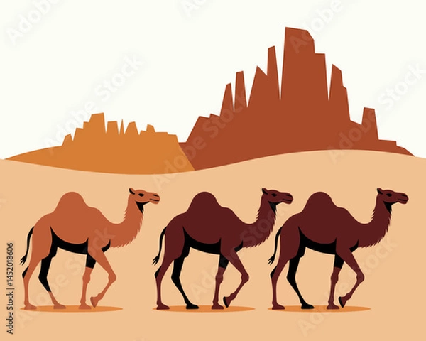 Fototapeta Caravan of Camels Walking Through Desert Landscape Vector Graphic