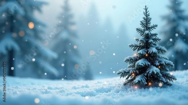 Fototapeta Winter Wonderland A Small, Snowy Evergreen Tree Glows with Festive Lights in a Serene Forest Setting