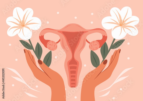 Obraz Hands holding female uterus in flowers on pink background. Vector gentle illustration on women's health theme. Illustration for women's projects