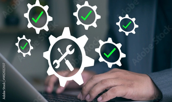 Fototapeta Automated system development, automated system maintenance and updates. Engineers use laptops to optimize and improve systems. Architecture, Automation, Fault, Inspection.