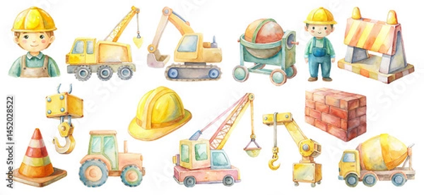 Fototapeta Watercolor Construction illustration Clipart Set featuring a worker,  Cranes, Trucks, Bricks and Safety Gear in soft pastel colors. Vector Construction Elements on Transparent Background.
