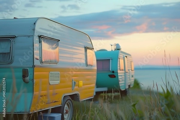 Fototapeta Vintage Caravan Sunset: Two Retro Trailers Parked by the Sea, Enjoying the Golden Hour with Breathtaking Ocean Views during a Serene Summer Vacation. Coastal Camping Adventure.