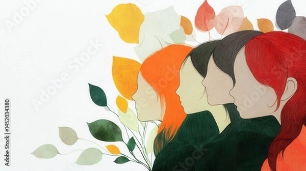 Fototapeta Four stylized female profiles with colorful foliage in a serene setting
