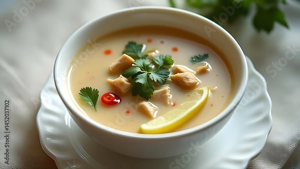 Fototapeta Delicious Creamy Chicken Soup in White Bowl Garnish with Lemon and Parsley