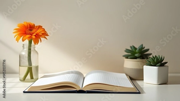 Fototapeta Serene Workspace Still Life: Open Notebook, Orange Gerbera Daisy, Succulents