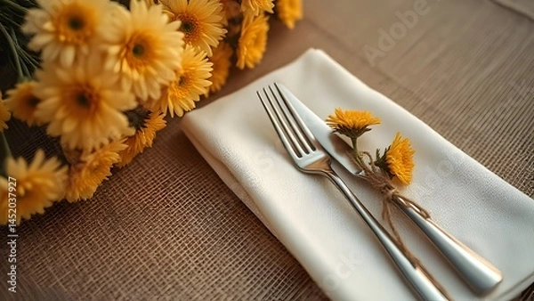 Fototapeta Elegant Table Setting with Yellow Flowers, Fork and Knife