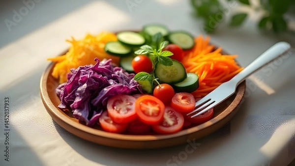 Fototapeta Vibrant Rainbow Veggie Salad Bowl with Fresh Cucumber, Carrot, Tomato, and Red Cabbage