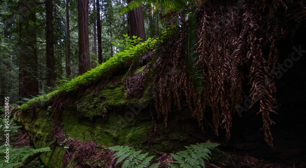 Fototapeta Giant California redwood tree trunk (Sequoia sempervirens) with mosses, ferns and clover in Founders Grove, Humboldt Redwoods State Park, California, United States