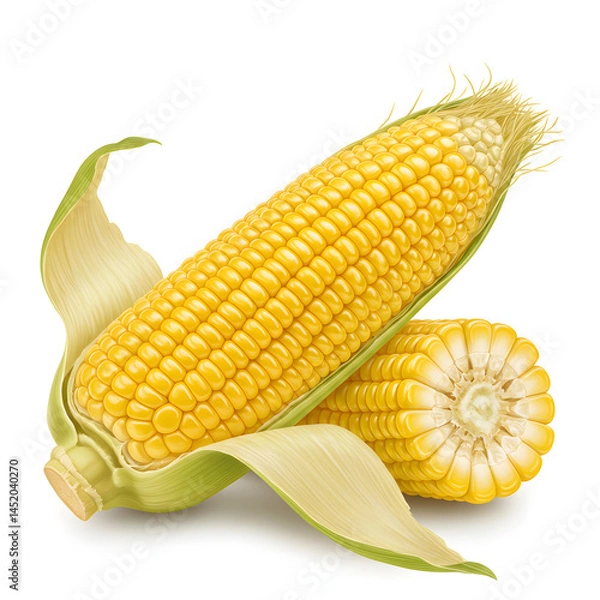Obraz Fresh corn cob and kernels against a white background  
