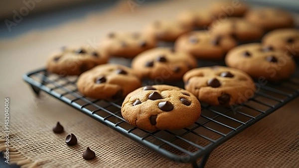 Fototapeta Delicious Homemade Chocolate Chip Cookies Cooling Rack