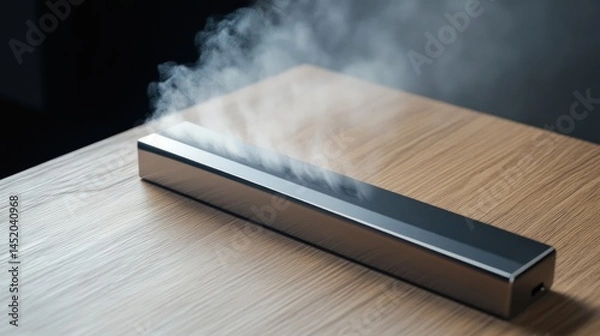 Fototapeta Metallic rectangular steaming device on wooden surface