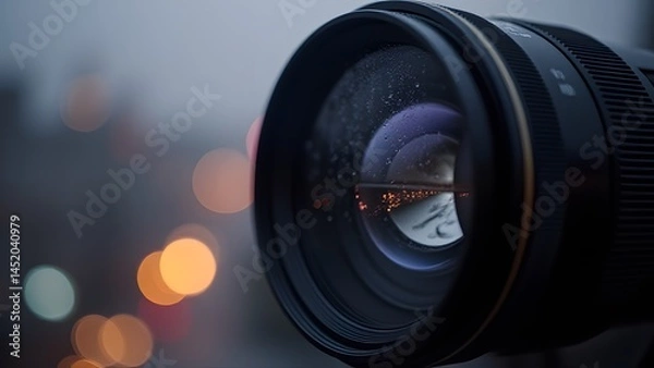 Fototapeta Closeup Camera Lens with Rain Drops and City Lights Bokeh