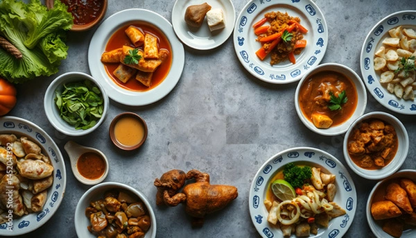 Fototapeta Dishes background. Set of dishes on the dining table. Food. Traditional cuisines of the world. Top view. Free space for your text, digital art. with white shades