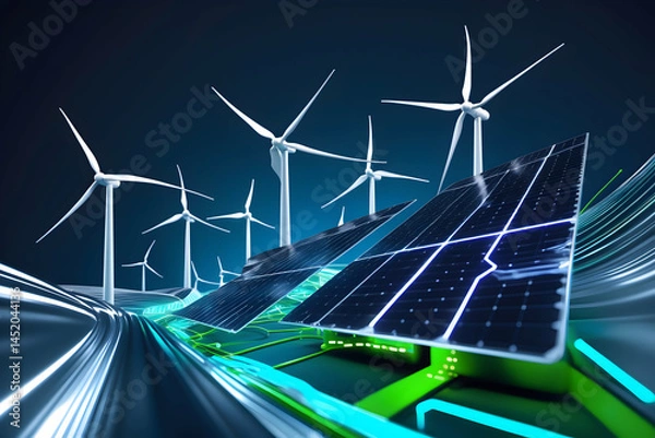 Obraz Sustainable energy wind turbines and solar panels with digital infrastructure concept