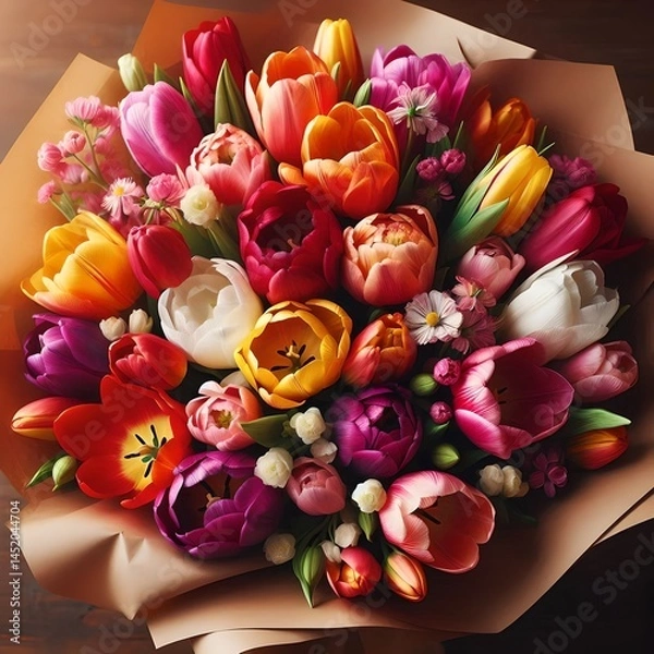 Obraz Vibrant Tulip Bouquet Wrapped in Brown Paper – Colorful Floral Arrangement
