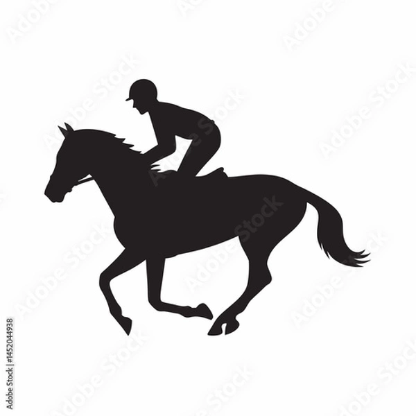 Fototapeta Powerful silhouette of a jockey riding a horse dynamic shapes strong contrast against a white background bold black