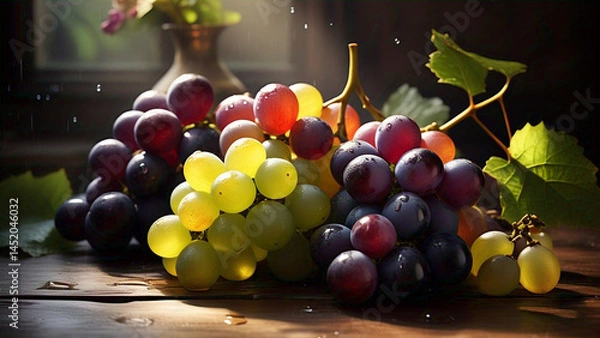 Obraz Fresh, ripe fruits like red apples and green grapes alongside healthy vegetables make a colorful food display