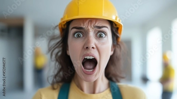 Obraz Construction worker expressing surprise and urgency during a project evaluation in a modern building site