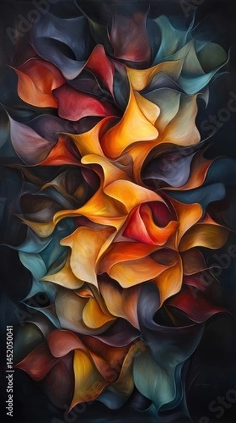 Obraz Abstract Composition of Colorful Petal Shapes in Warm Tones on a Dark Background