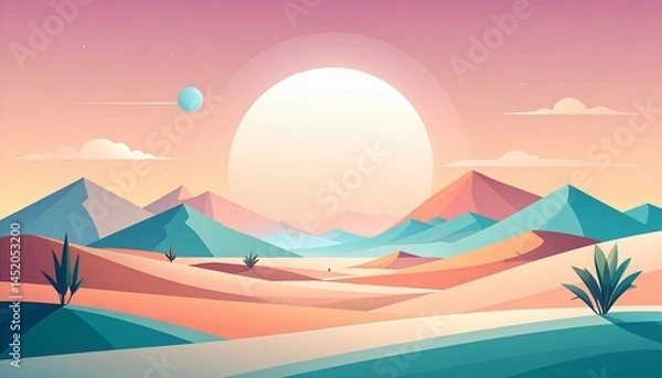 Fototapeta Minimal Desert Dreamscape Sun Dunes and Distant Figure