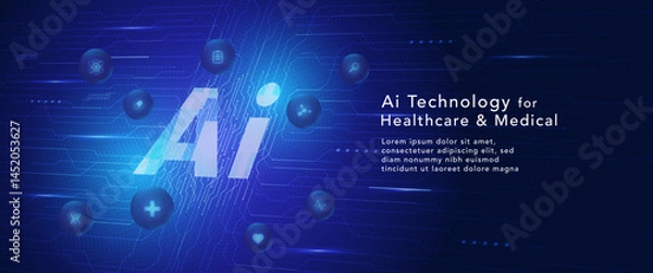 Fototapeta Abstract AI technology background for healthcare and medical innovation, featuring blue tones, circuit lines, and medical icons. Suitable for biotech, digital health, and telemedicine concepts.