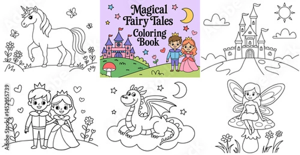 Fototapeta Cover page for a Magical Fairy Tales Coloring Book for kids and 5 coloring pages of a unicorn, prince and princess, dragon, fairy, and castle, vector illustrations