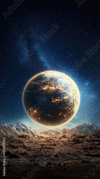 Obraz Spectacular Cosmic Landscape Featuring a Glowing Planet Above a Breathtaking Mountain Scene Under a Starry Night Sky