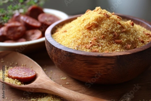 Fototapeta Slices of sausage and grain displayed in wooden bowls, capturing a culinary feast.