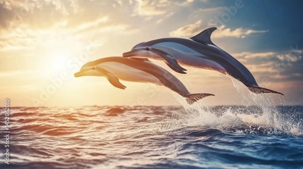 Fototapeta Dolphins gracefully leaping through the ocean waves at sunset, with the sky bathed in warm, golden hues and the tranquil sea reflecting the fading light.