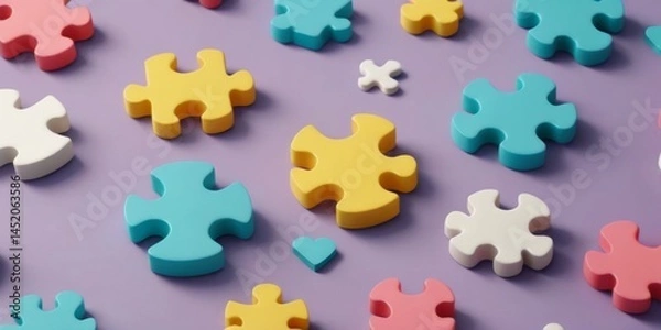 Fototapeta Colorful puzzle pieces scattered on a purple background with various shapes and sizes creating a playful arrangement