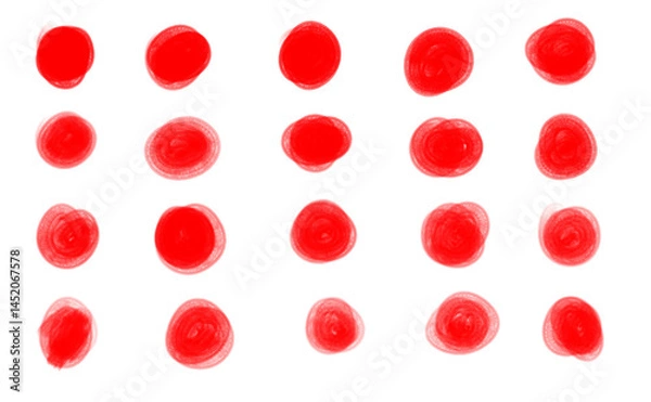 Fototapeta Set of hand-drawn red dots / cirlces brush looking circles 